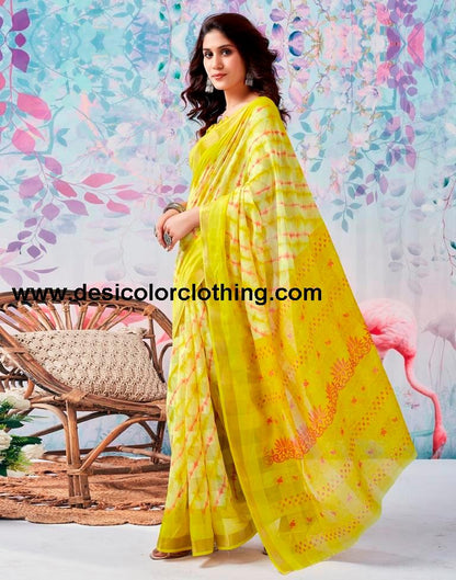 Yellow Cotton Zari Saree