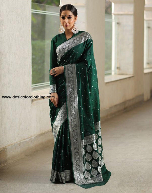 Dark Green Silk Plain Saree
