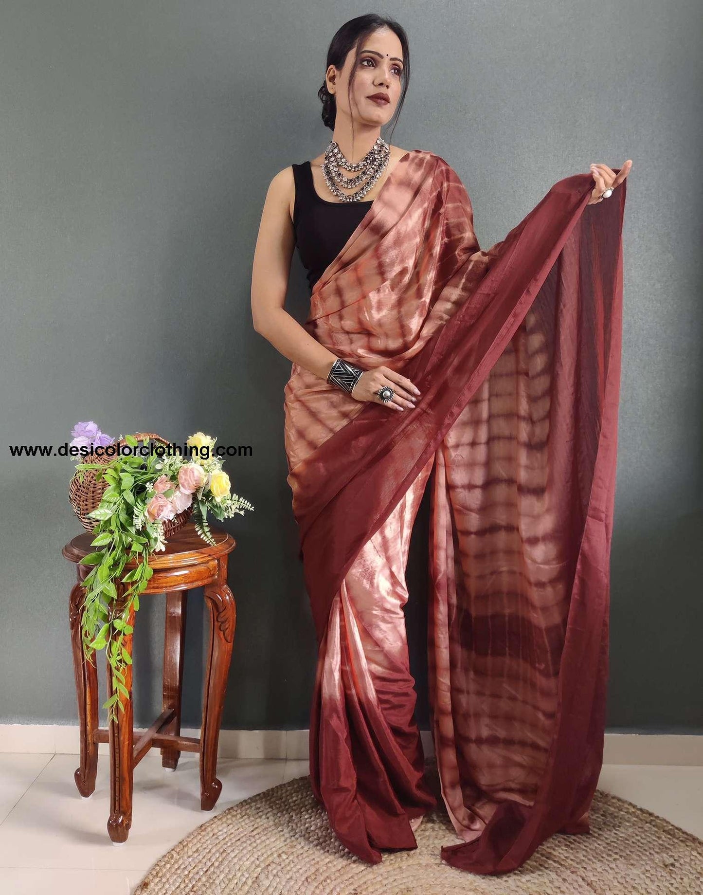 Dull Peach Printed Silk Pre-draped Saree