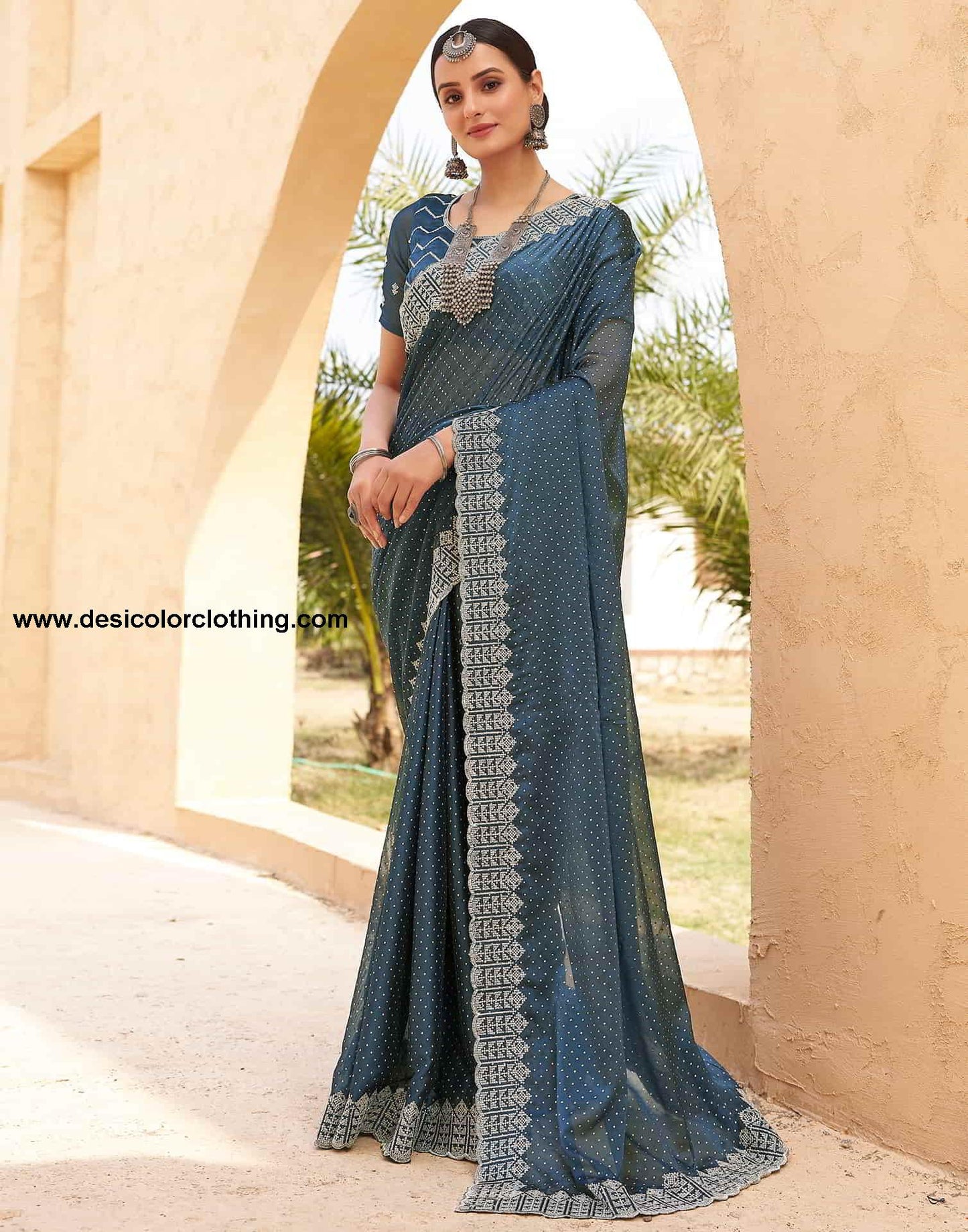 Blue Swarovski Georgette Embroidery Saree