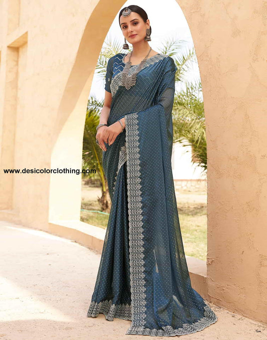 Blue Swarovski Georgette Embroidery Saree