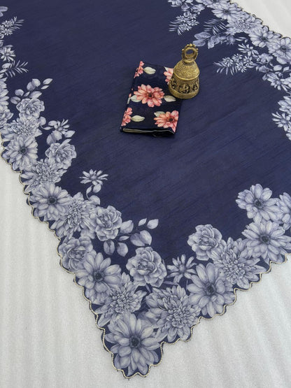 Product Image - Designer Zarna Silk Saree with Digital Print & Cutwork Border