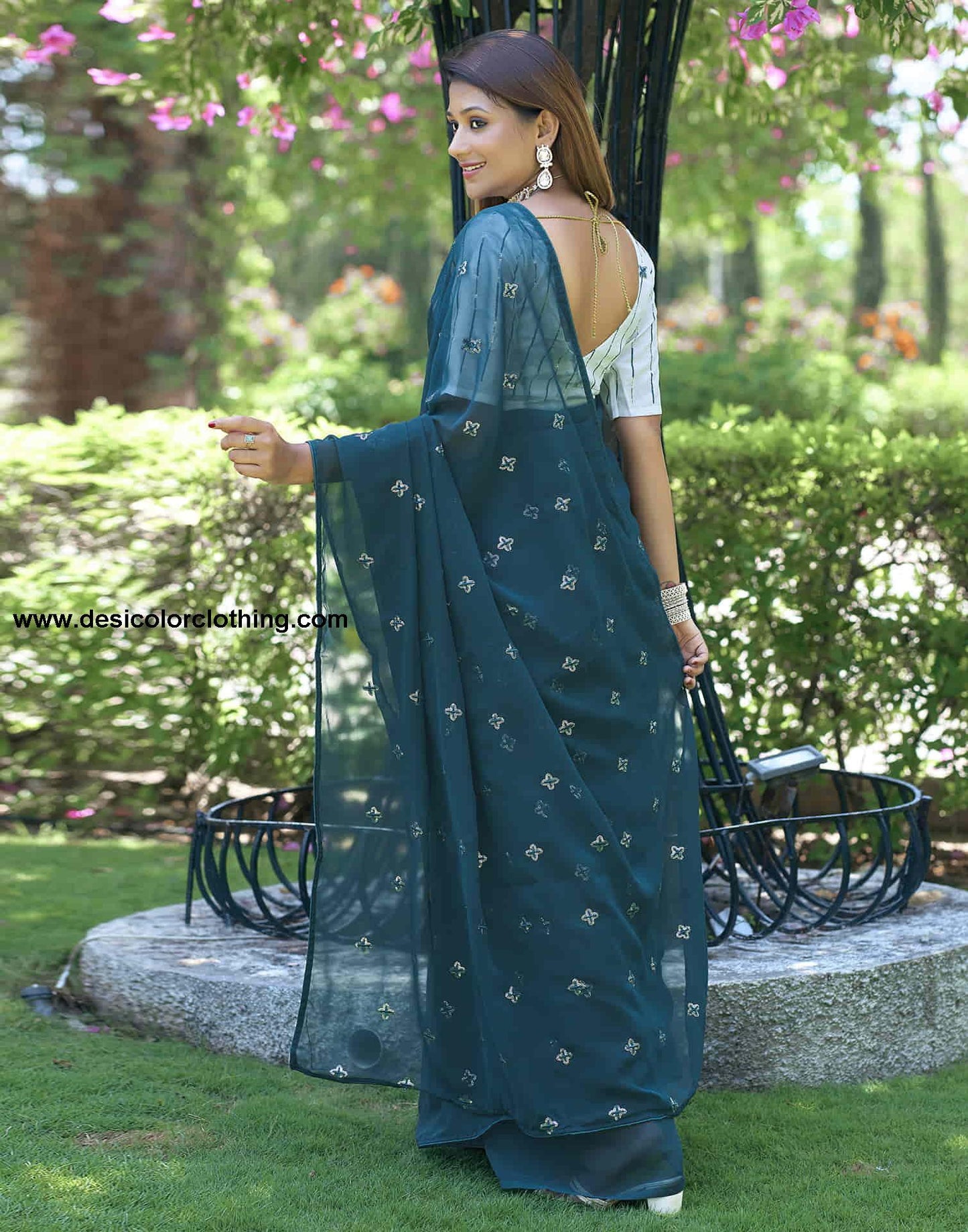 Rama Blue Georgette Sequence Embroidery Saree