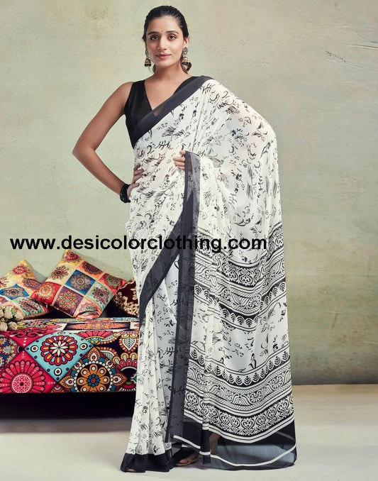 White Georgette Printed  Saree