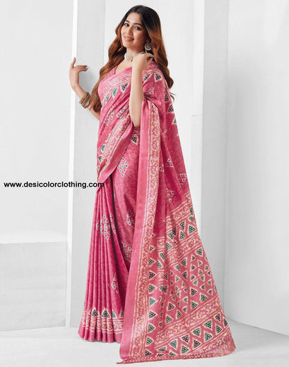 Pink Printed Silk Saree