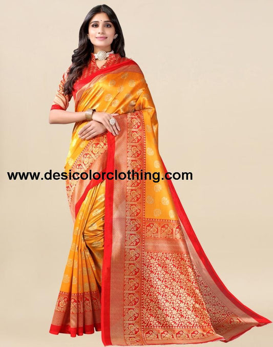 Golden Yellow And Red Silk Saree