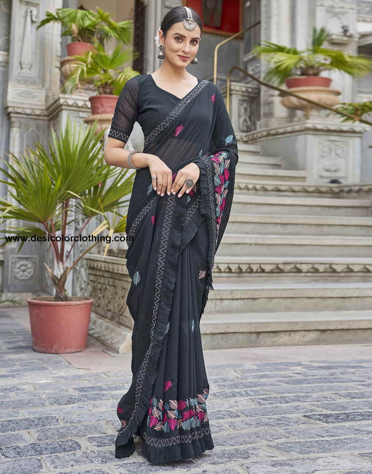 Blue Embroidery Georgette Stone Work Saree