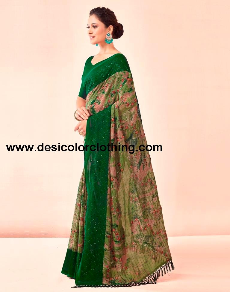 Dark Green Printed Georgette Saree