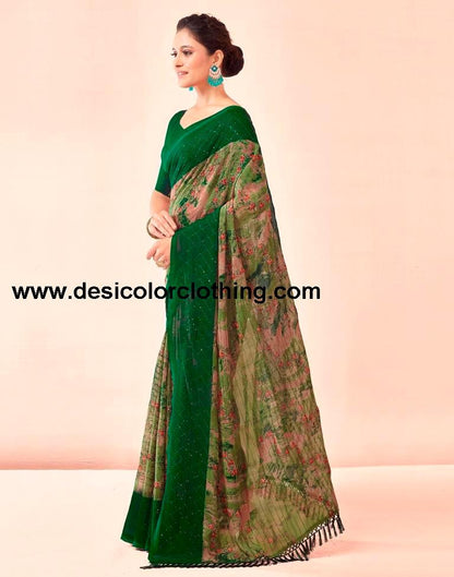 Dark Green Printed Georgette Saree