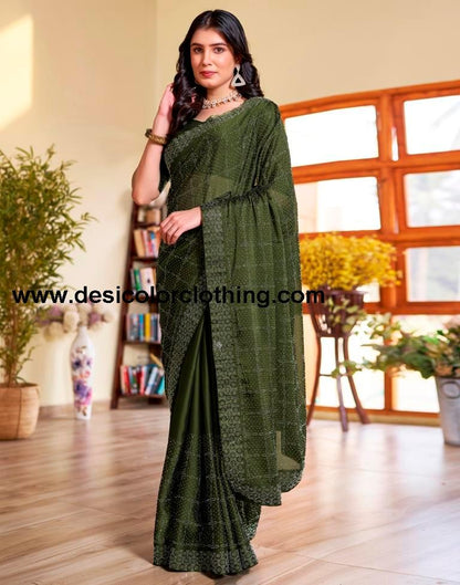 Mehndi Green Georgette Plain Saree