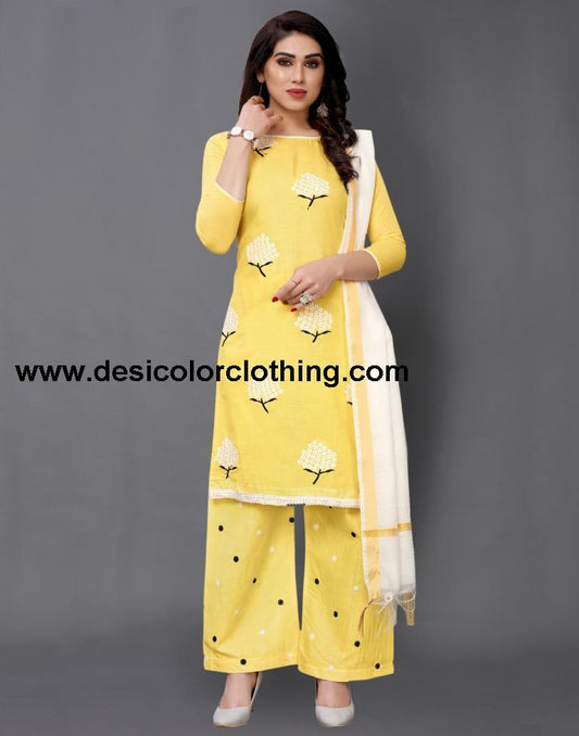 Yellow Cotton Embroidered Unstitched Salwar Suit