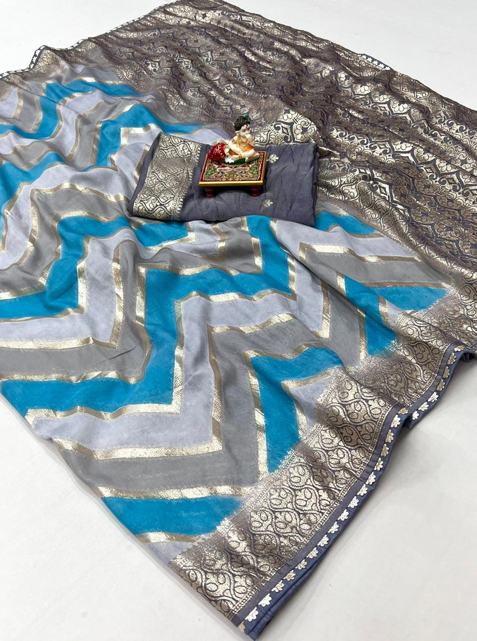 Product Image - Designer Saree with Rich Multi Zari Work & Muslin Silk Fabric