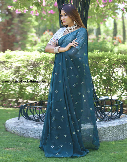 Rama Blue Georgette Sequence Embroidery Saree