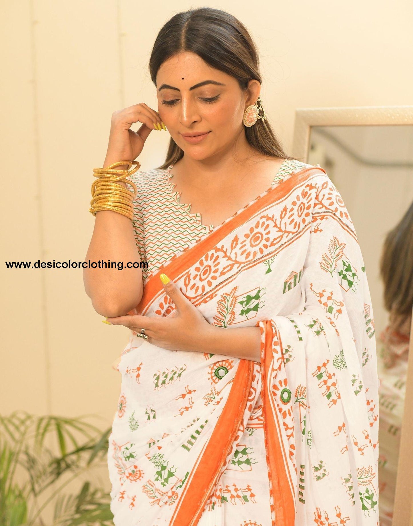 White Printed Cotton Pre-Draped Saree