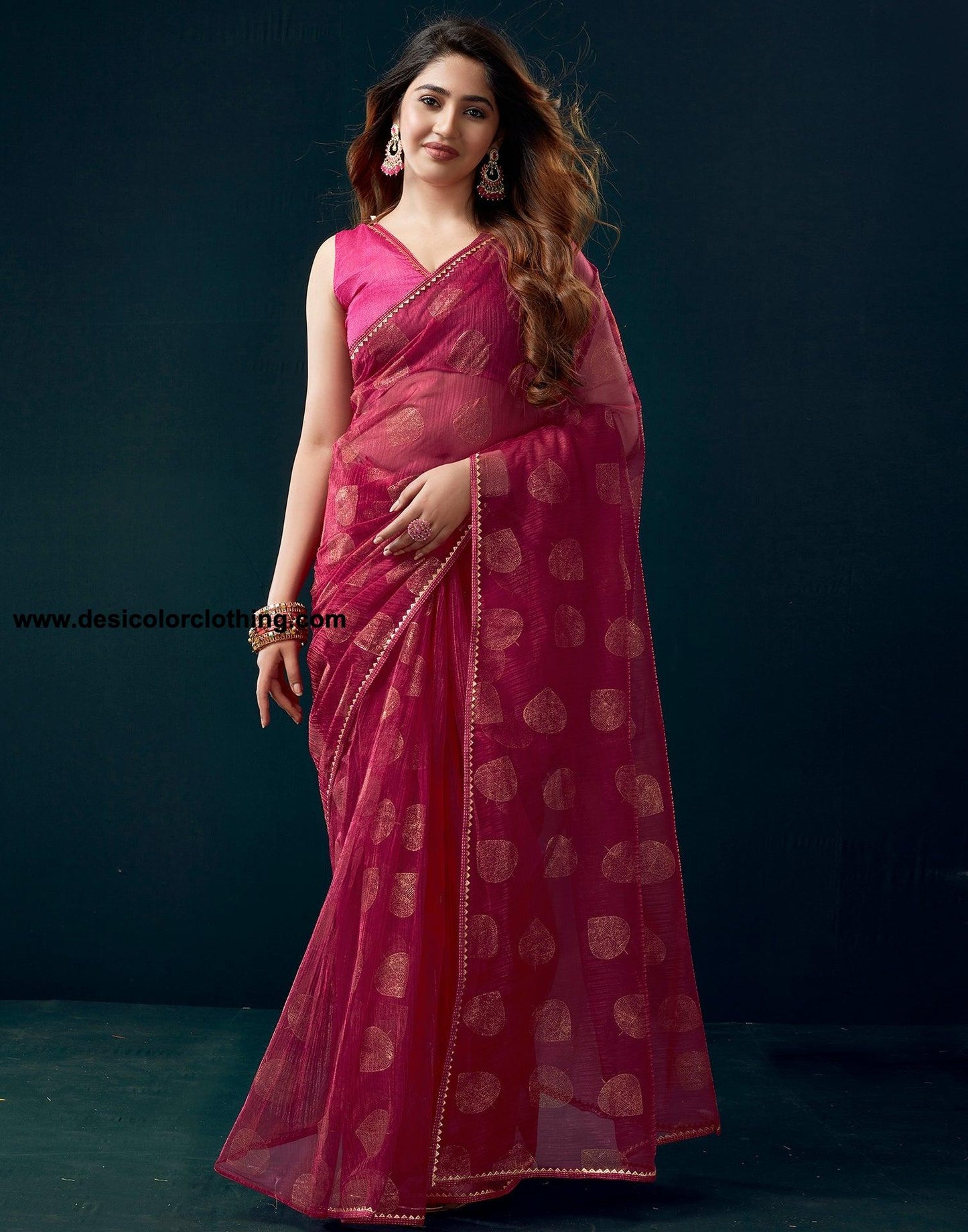 Dark Pink Net Plain Saree