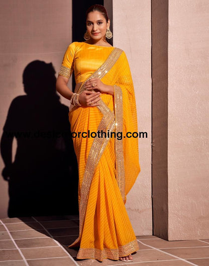 Yellow Georgette Embroidery Saree