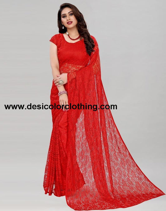 Red Coloured Russel Net Partywear saree