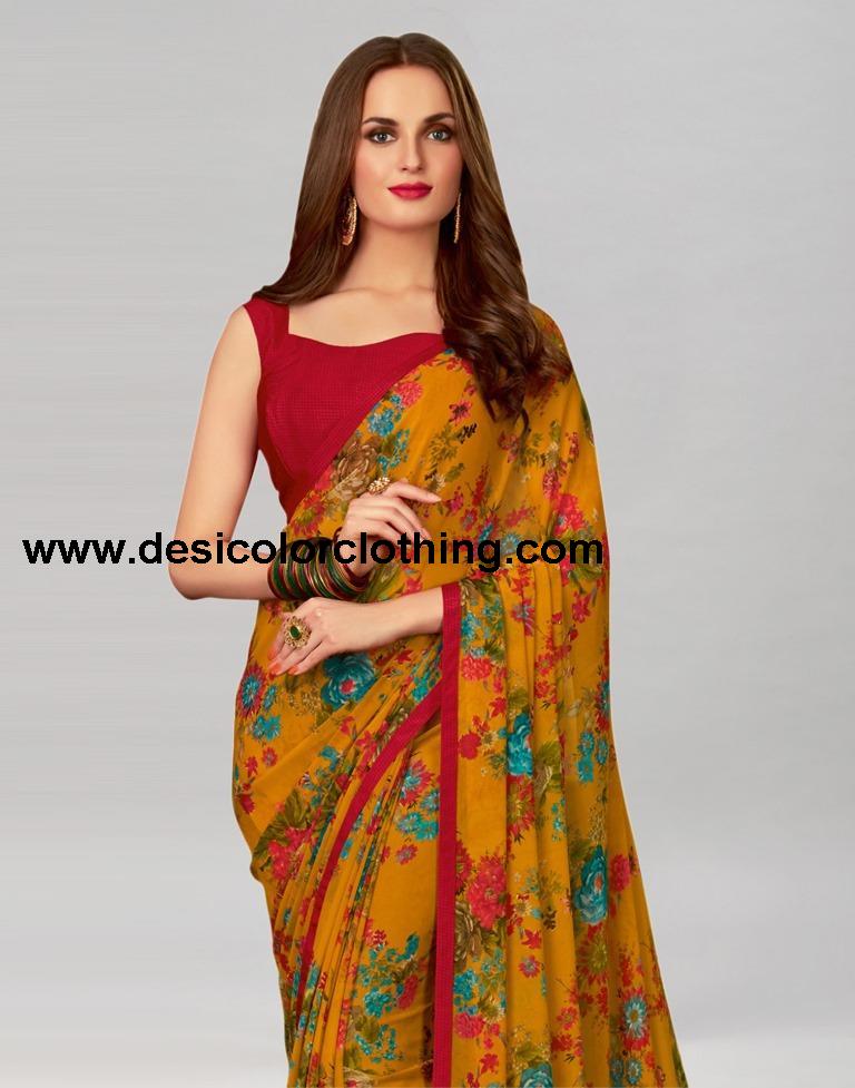 Yellow Printed Georgette Saree