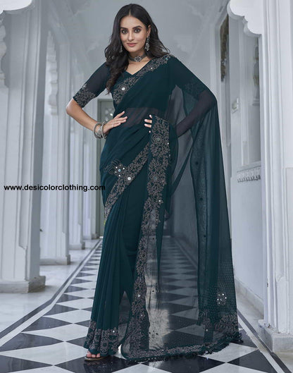 Blue Swarovski Georgette Stone Work Saree