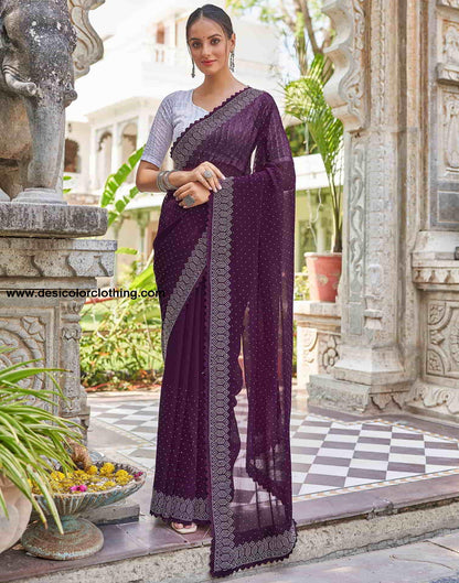 Wine Swarovski Georgette Stone Work Saree