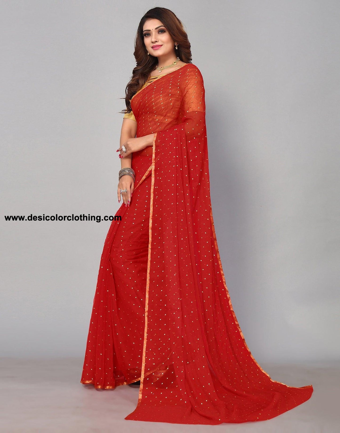 Red Chiffon Plain Saree
