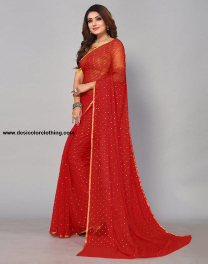 Red Chiffon Plain Saree