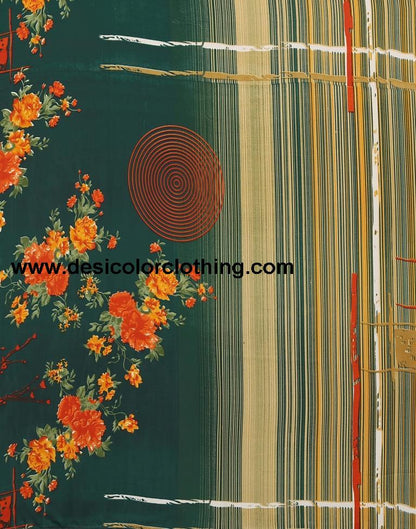 Dark Green And Beige Printed Saree