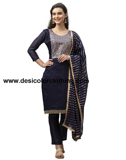 Astounding Navy Blue Cotton Thread Work Unstitched Salwar Suit