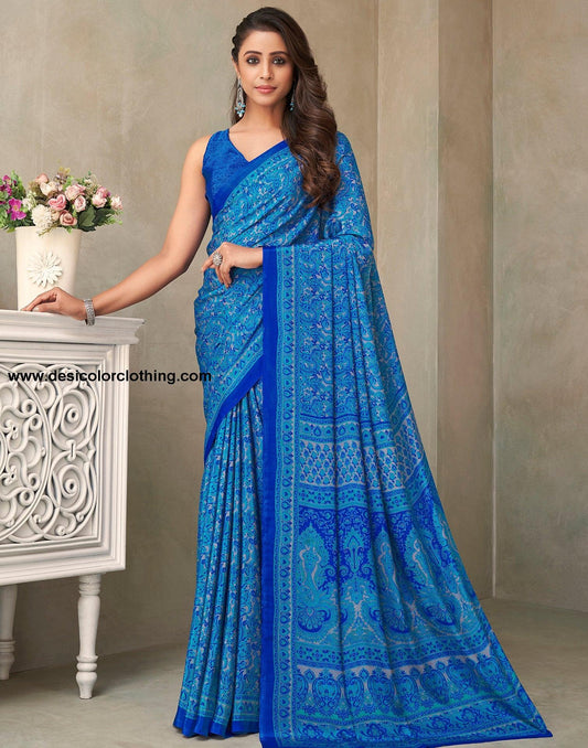 Blue Silk Printed Saree