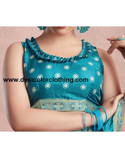 Teal Blue Silk Printed Saree