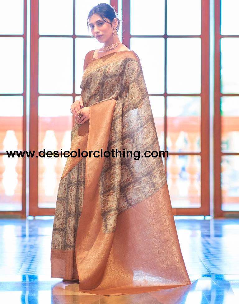 Beige Silk Printed Saree