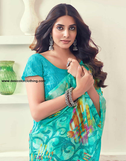 Turquoise Printed Cotton Geometric Saree