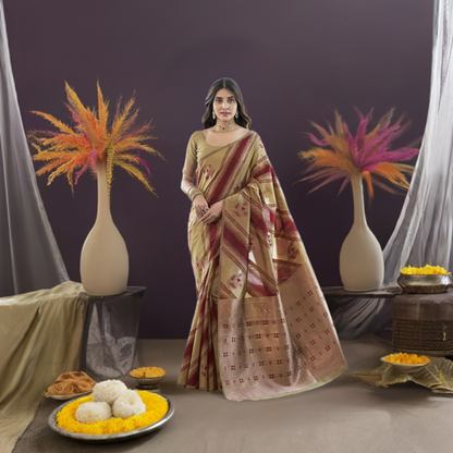 Beige Banarasi Silk Woven Saree